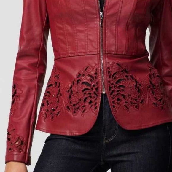 WHBM NWT Cutwork Coated Denim Flirty Jacket Dark Red LEATHER LOOK - Picture 5 of 12